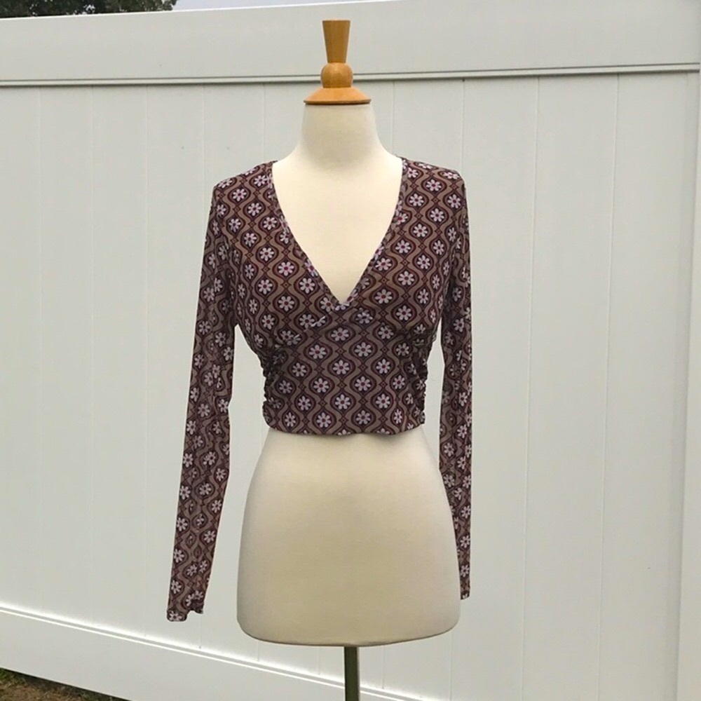 Forever 21 Brown Daisy Floral Long Sleeve Open Back Wrap Crop Top Size Large